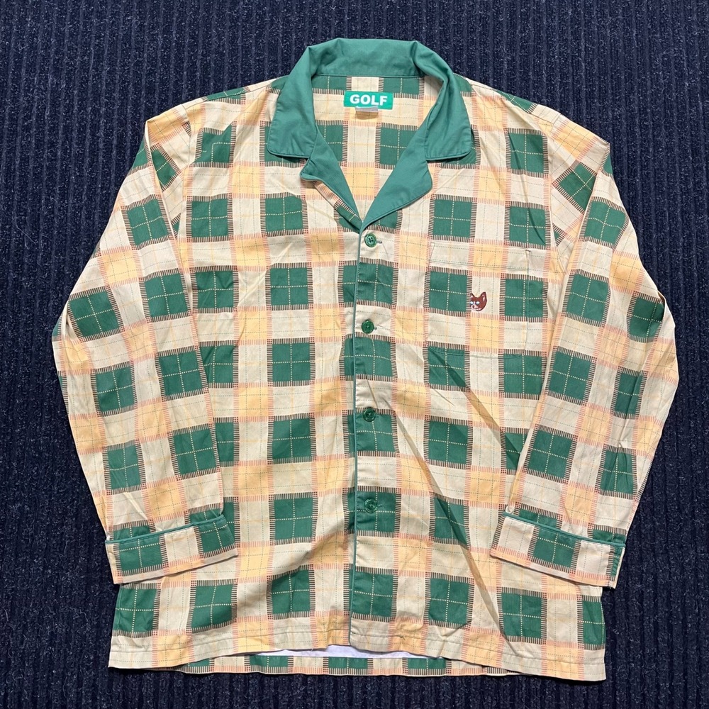 GOLF Wang Kill Cat Pajama Shirt Mens Large Green Yellow Checkered
